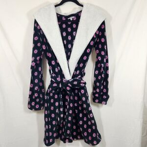 vera bradley plush robe tie waist hooded navy blue pink fowers pockets sm cozy